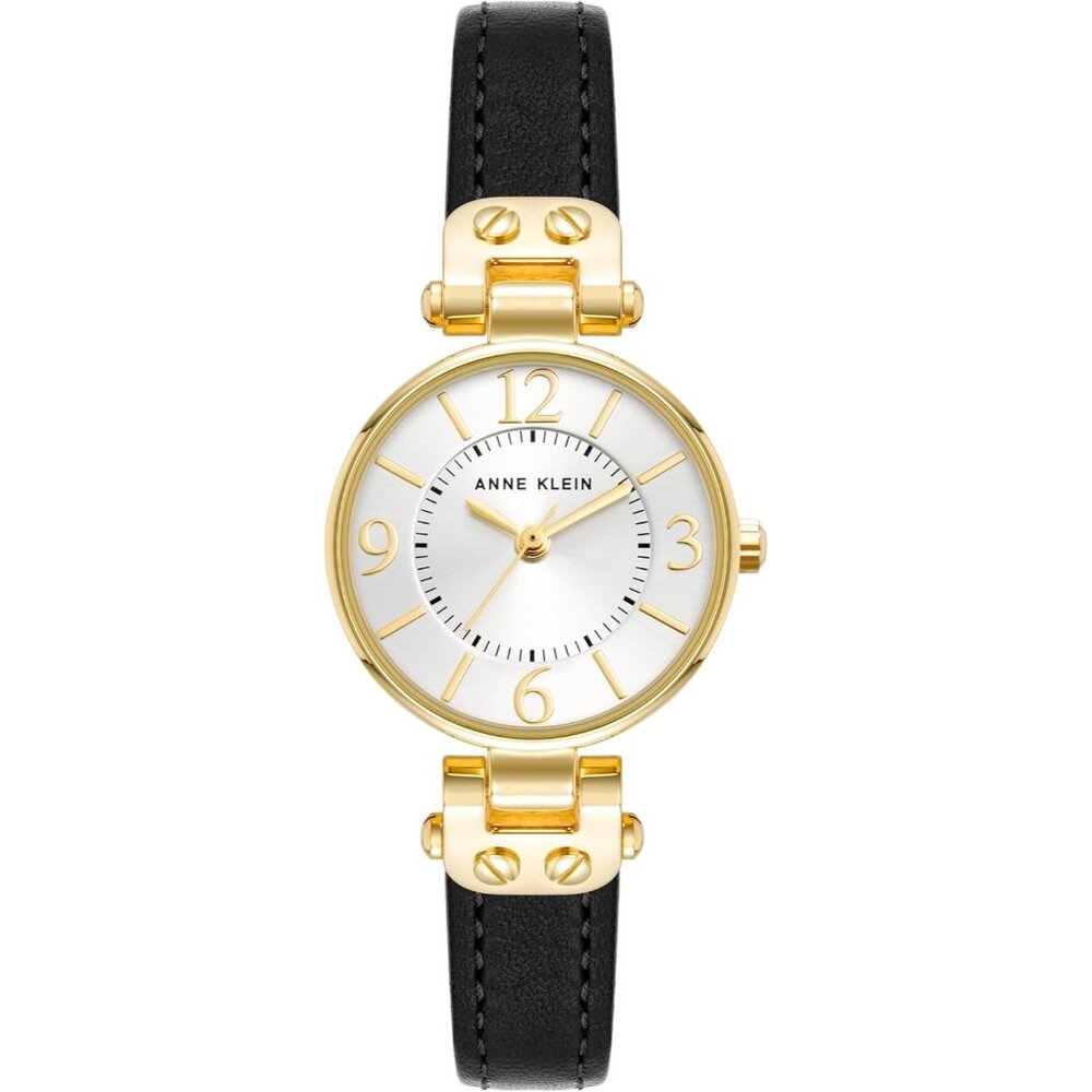 Women's Black/Gold Tone Domed Mineral Crystal Lens Leather Strap Closure Watch